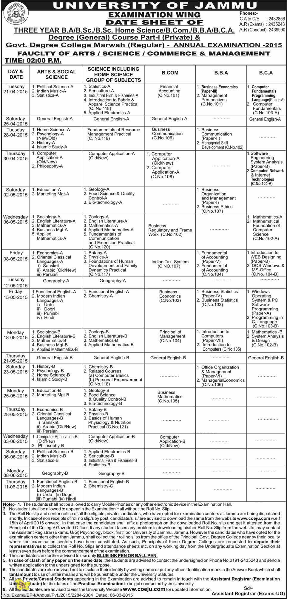 Date Sheet Of Three Year B.A /B.Sc / Home Science/ B.Com /B.B.A /B.C.A ...