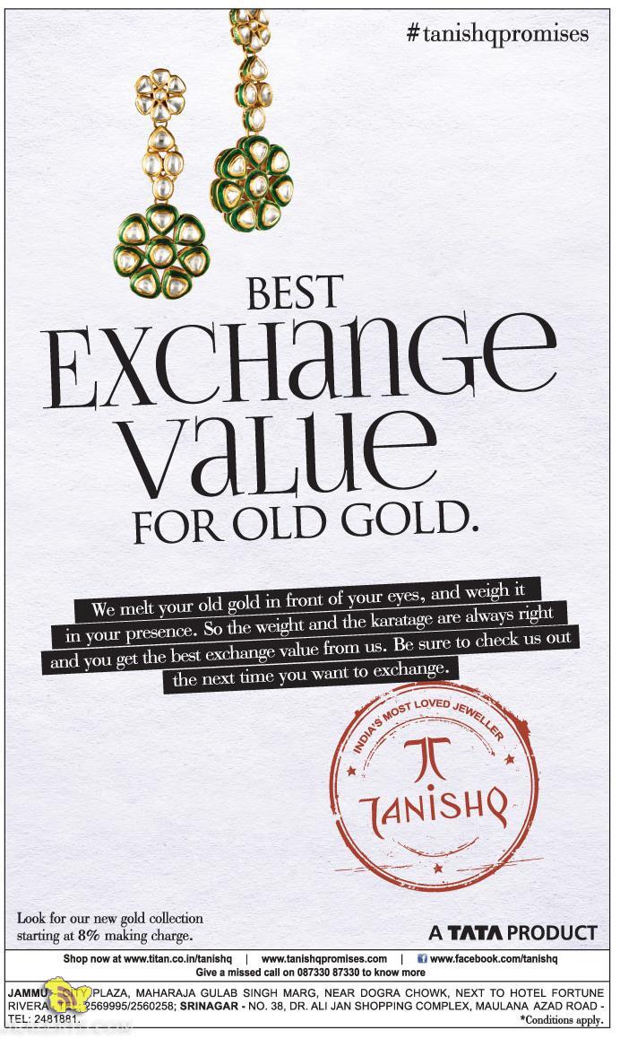 Best Exchange value FOR OLD GOLD TANISHQ OFFER JKAlerts JK Updates.