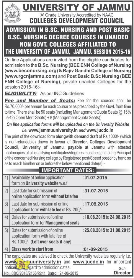 ADMISSION IN B.SC. NURSING AND POST BASIC B.SC. NURSING JAMMU ...