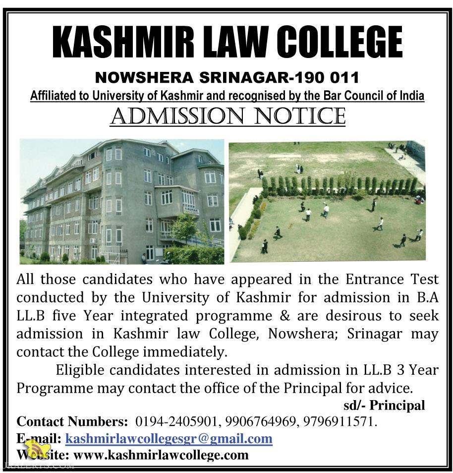 Admission open in KASHMIR LAW COLLEGE Srinagar JKAlerts JK Updates.