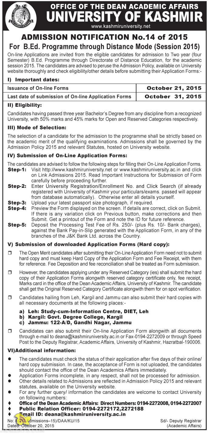 Admission Open In Kashmir University B.Ed. Distance Mode (Session 2015 ...