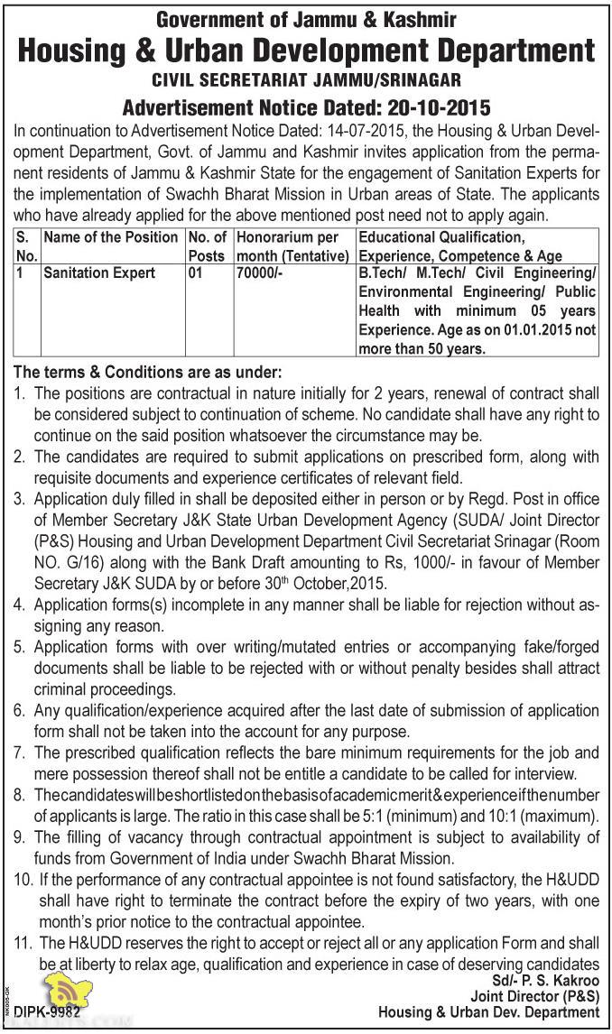 Employment Notification Housing & Urban Development Department Govt