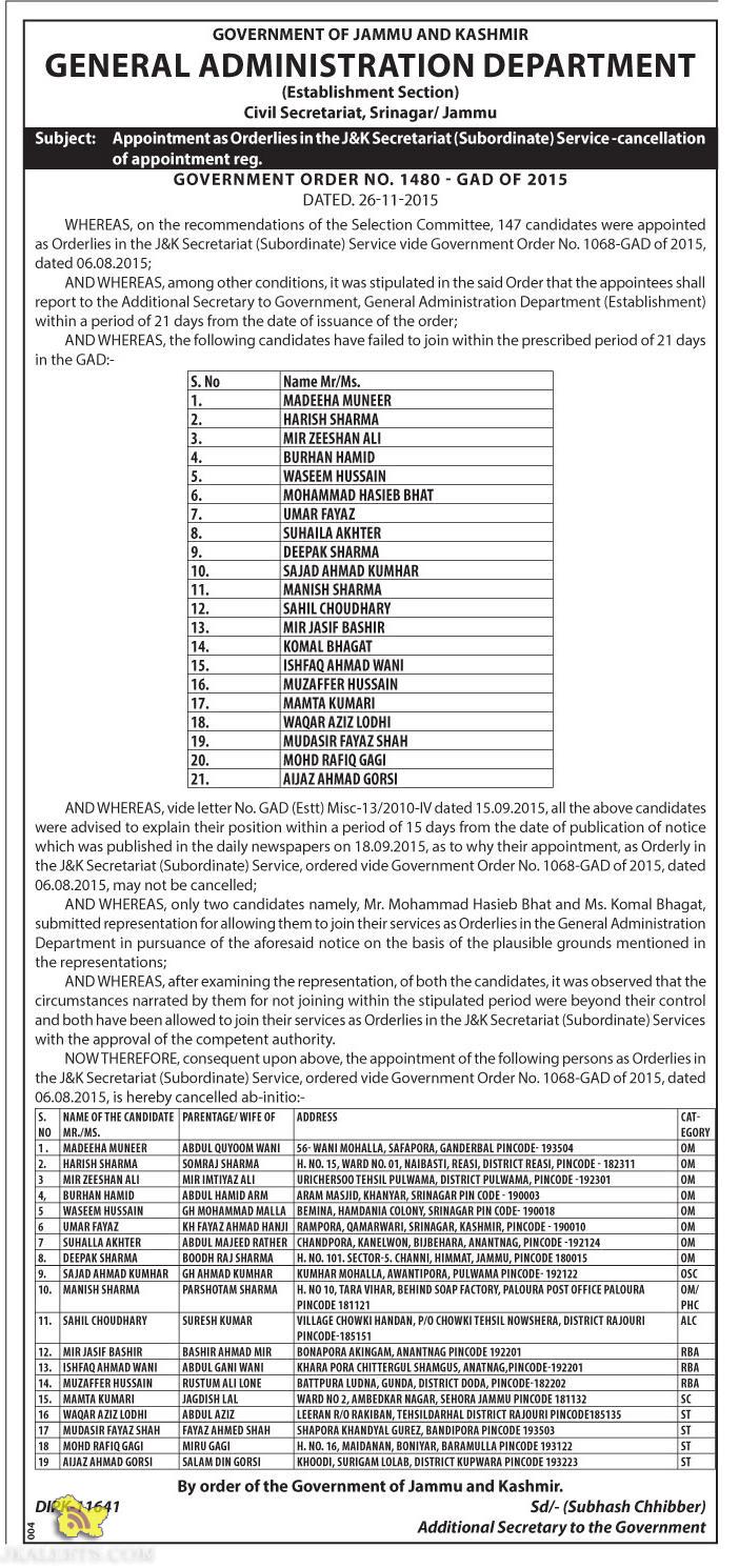Appointment as Orderlies in the J&K Secretariat Service cancellation of appointment reg