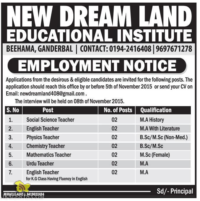 TEACHERS JOBS IN NEW DREAM LAND EDUCATIONAL INSTITUTE JKAlerts JK