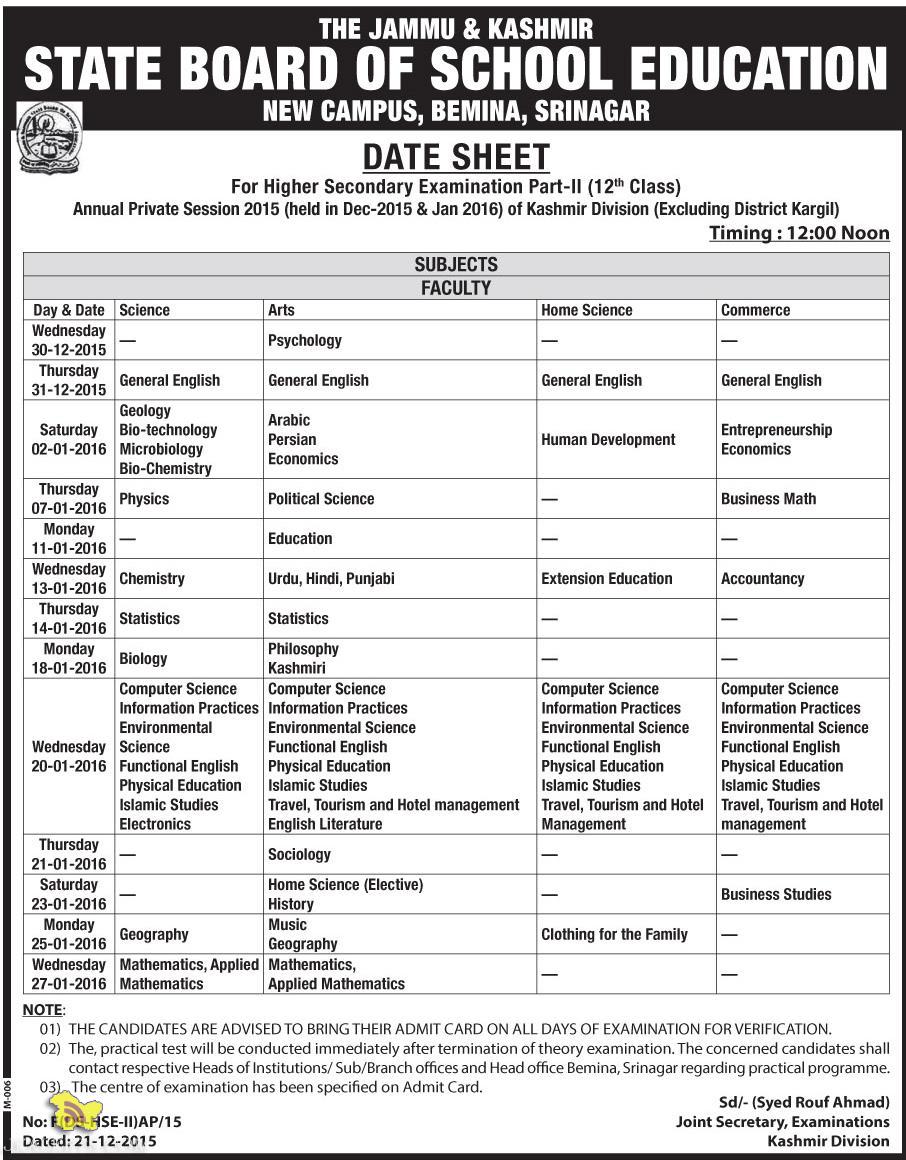 Jkbose Date Sheet 12th Class Annual Private Session 2015 Kashmir