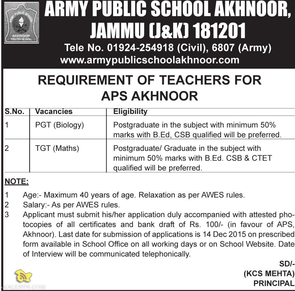 TEACHERS JOBS IN APS AKHNOOR JKAlerts JK Updates.