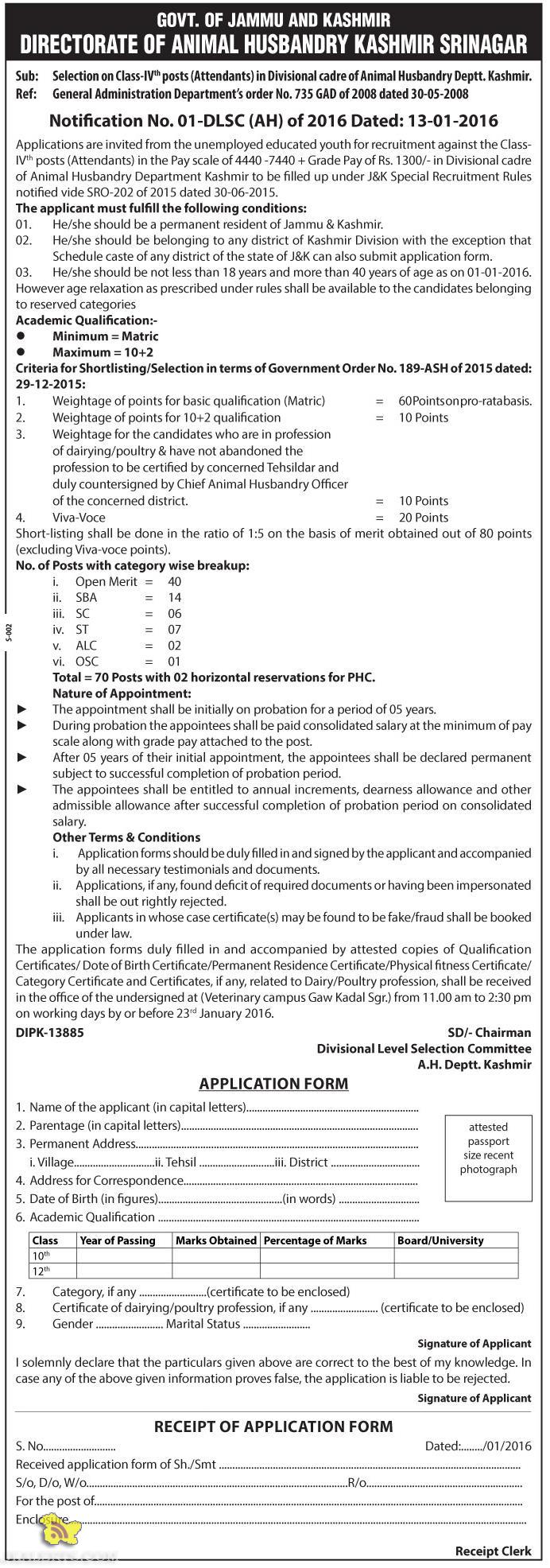 Class-IVth (Attendants) Jobs in Animal Husbandry Deptt Recruitment 2016 ...