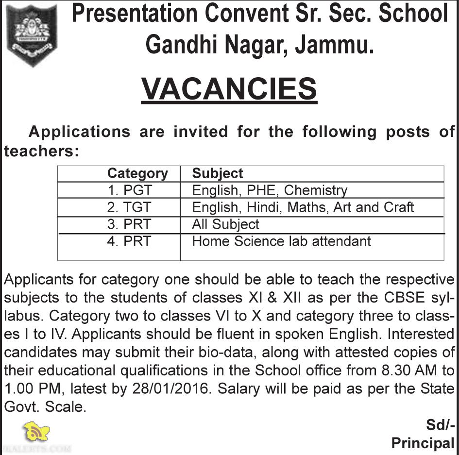 Jobs in Presentation Convent Sr. Sec. School Gandhi Nagar, Jammu Govt