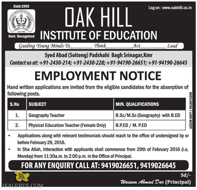 JOBS IN OAK HILL INSTITUTE OF EDUCATION EMPLOYMENT NOTICE JKAlerts JK