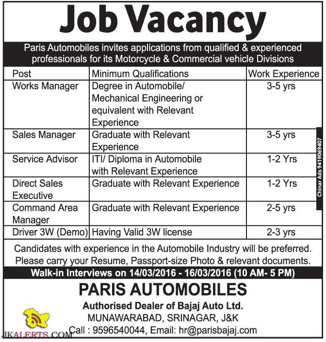JOBS IN PARIS AUTOMOBILES Authorised Dealer of Bajaj Auto Ltd