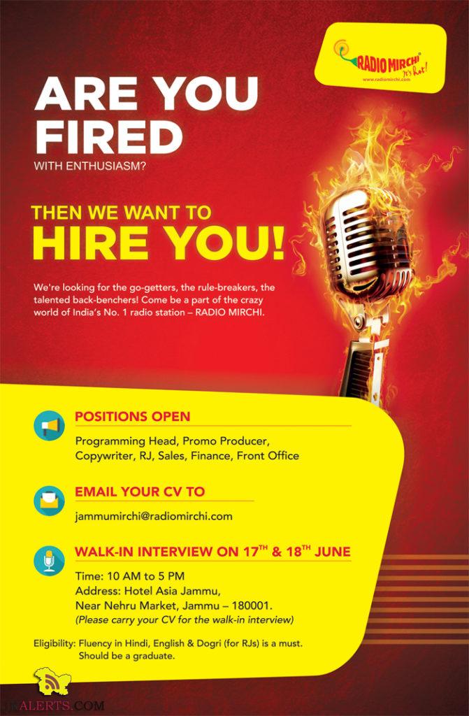 RJ jobs in radio Mirchi Jammu and Kashmir Jobs NEWS updates JKAlerts.