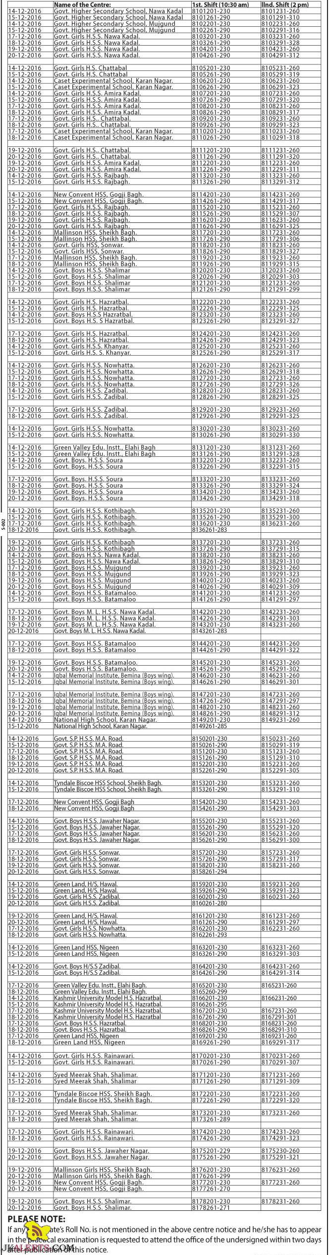 Practical Centre Notice-cum-Date Sheet of District Srinagar