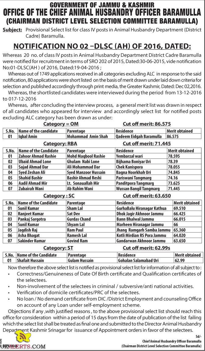 Provisional Select list for class IV posts in Animal Husbandry Department  (District Cadre) | JKAlerts JK Updates.