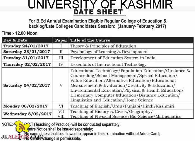 Kashmir University Date Sheet B.Ed Annual Examination January-February 2017