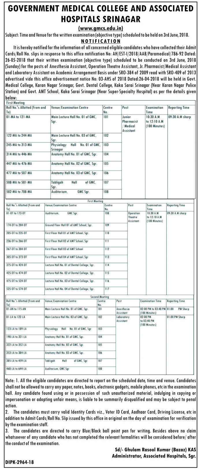 GMC Srinagar Time and Venue for written test for various posts ...