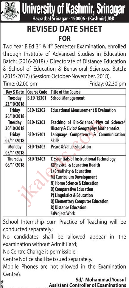 Kashmir University Revised Date Sheet for Two Year B.Ed 3,d & 4th ...