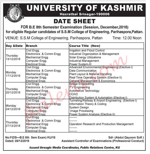 Kashmir University Date Sheet for B.E Examination 2018 JKAlerts JK