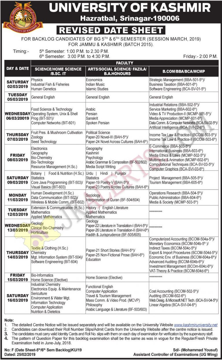 University of Kashmir Revised Date Sheet March Session 2019. JKAlerts
