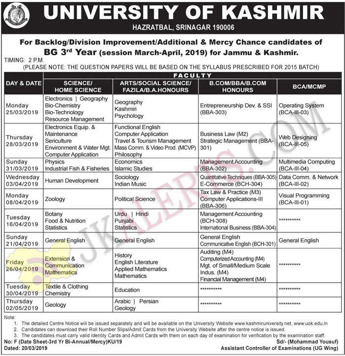 University Of Kashmir Date Sheet Of BG 3rd Year (session March-April ...