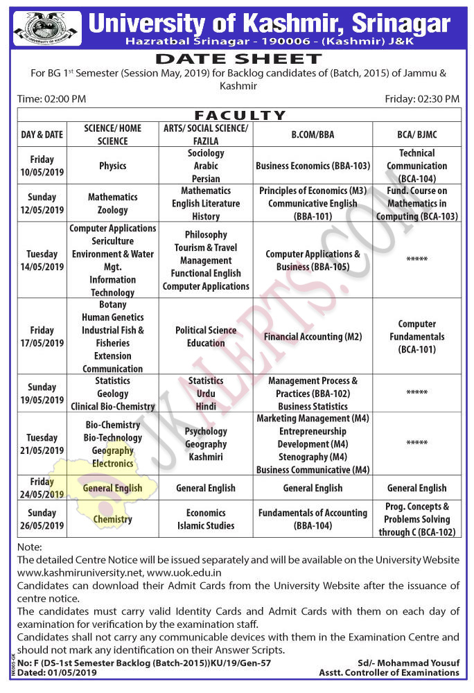 Kashmir University Date Sheet For BG 1st Semester | JKAlerts JK Updates.