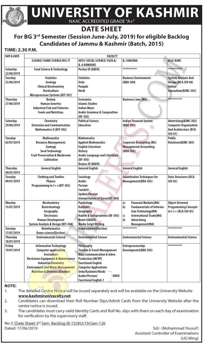 University of Kashmir Date Sheet For BG 2nd , BG 3rd Semester