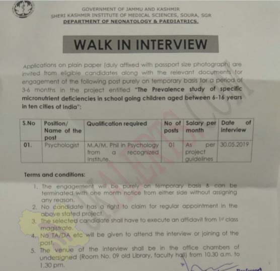 SKIMS Soura walk in interview for the post of Psychologist. | JKAlerts ...