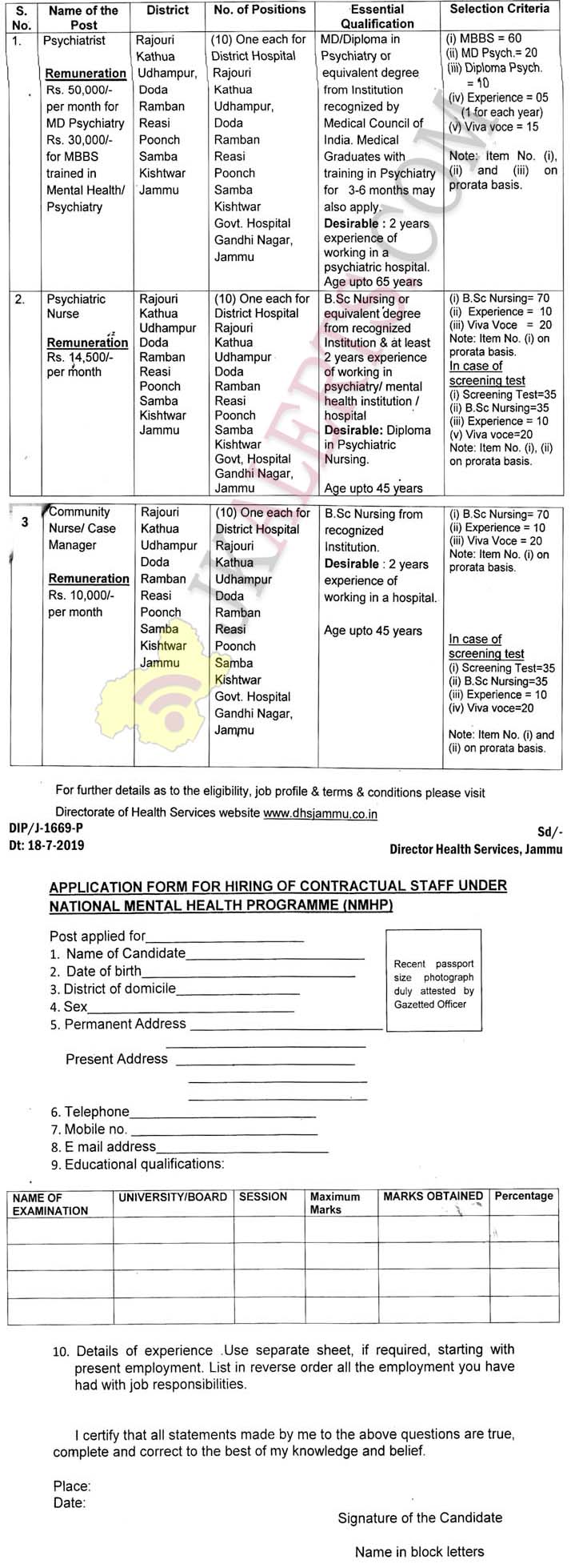 J&K Health Services Jobs recruitment under NMHP in various districts