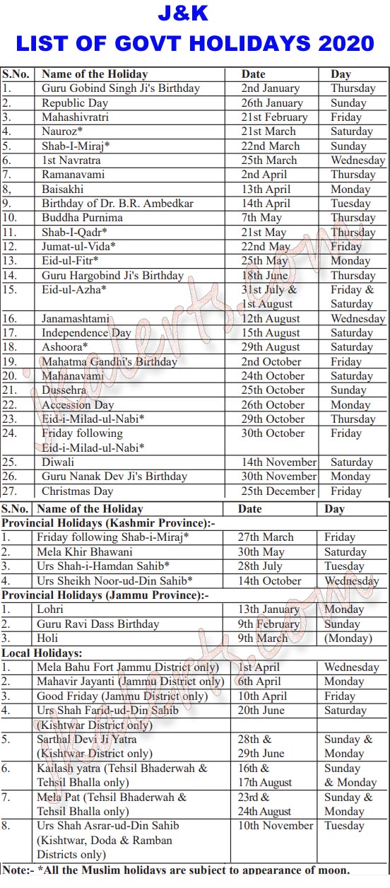 J&K Govt List of Govt Holidays for year 2020. | JKAlerts JK Updates.