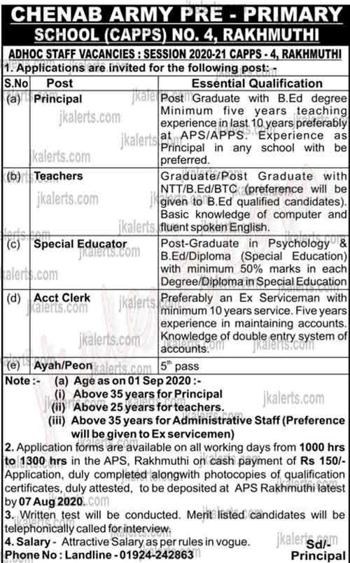 Chenab Army Pre Primary School CAPPS Jobs Recruitment 2020. JKAlerts