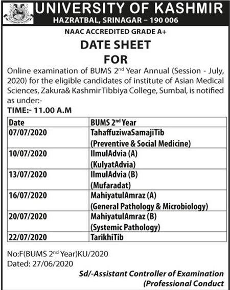 Kashmir University Date Sheet Notification 2020. | JKAlerts JK Updates.