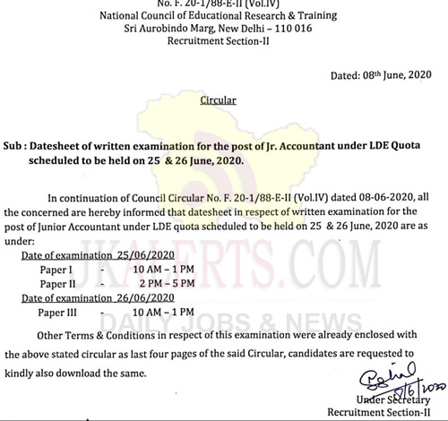 NCERT Datesheet Of Written Examination For The Post Of Jr Accountant 