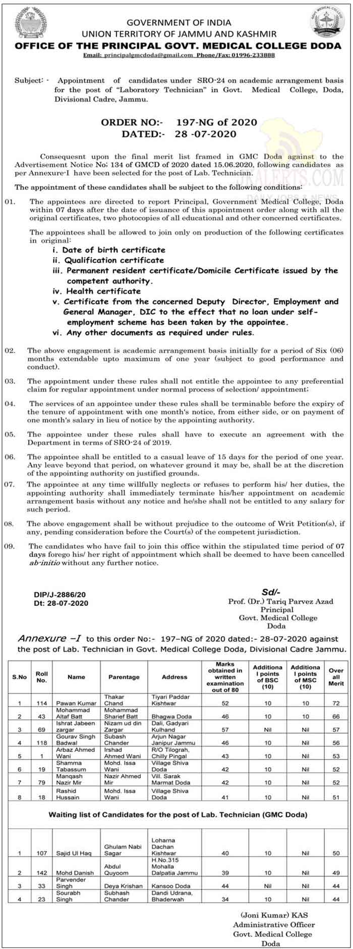 GMC DODA Appointment of Laboratory Technician. JKAlerts JK Updates.