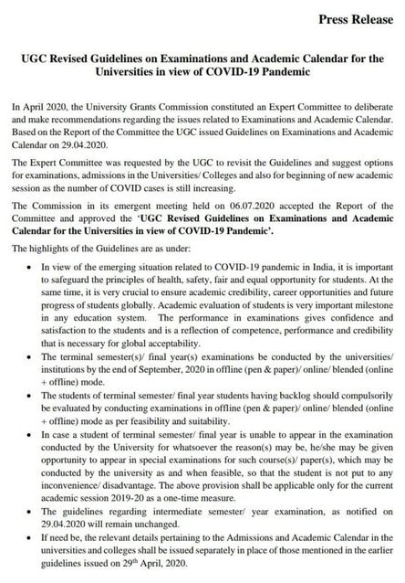 UGC Issues Revised Guidelines For Exams, Academic Calendar. | JKAlerts ...