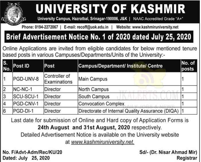 Kashmir University Jobs Recruitment 2020. | JKAlerts JK Updates.