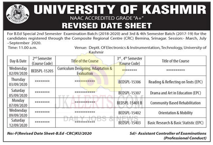 University Of Kashmir Revised Date Sheet For B.ED. | JKAlerts JK Updates.