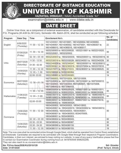 Kashmir University Date Sheet for JKAlerts JK Updates.