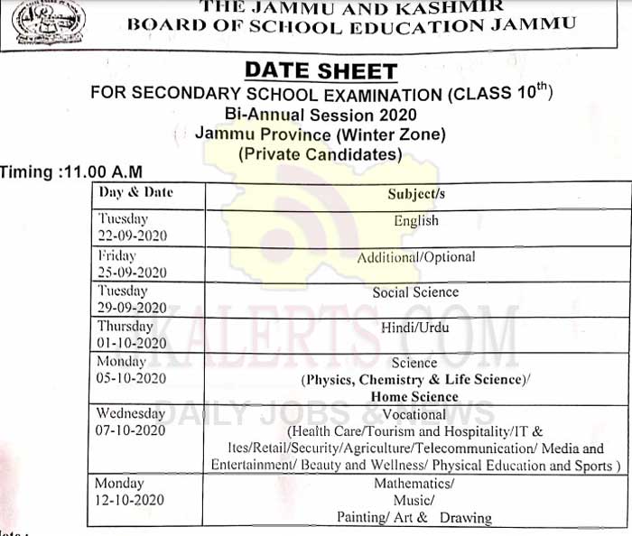 JKBOSE Class 10th Date Sheet Bi Annual Jammu Province winter Zone