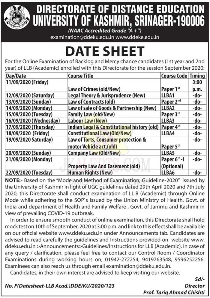 Distance Education University of Kashmir online examination LLB Date