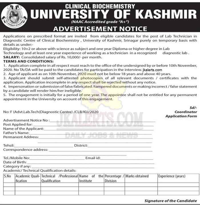 Kashmir University Lab Technician Jobs Recruitment 2020. JKAlerts JK