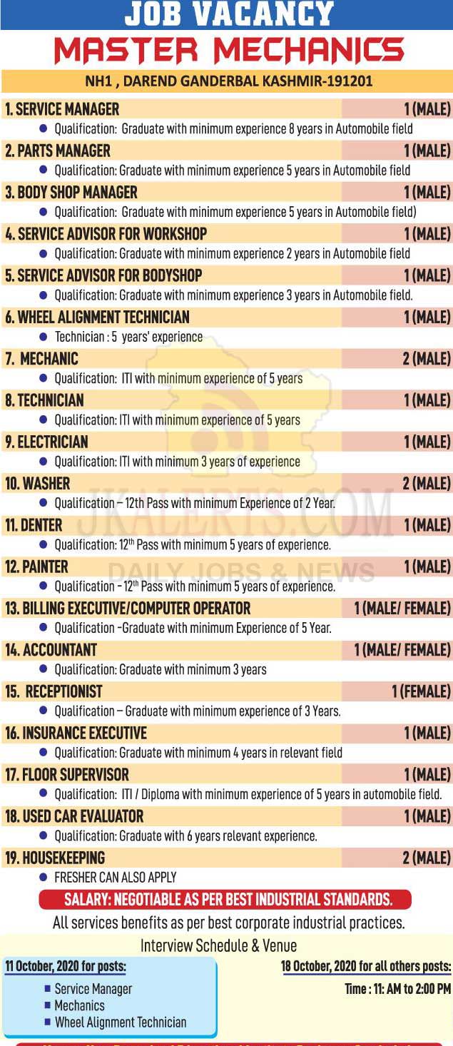 Master Mechanics Kashmir Jobs Recruitment 2020. JKAlerts JK Updates.