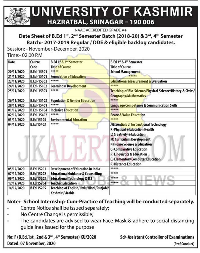 Kashmir University B.Ed Date Sheet. | JKAlerts JK Updates.