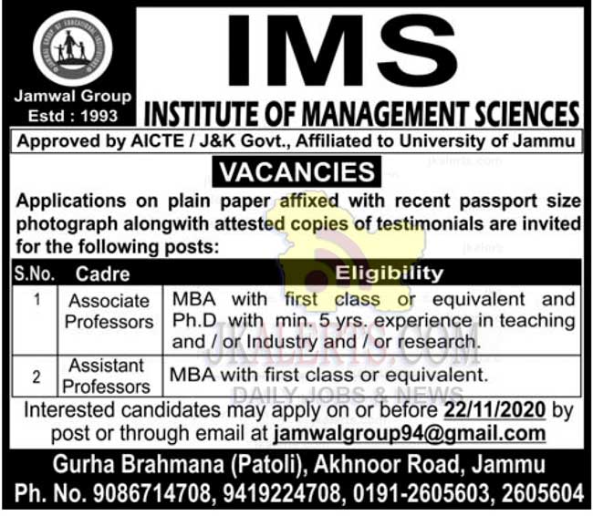 IMS Jammu Jobs Recruitment 2020. JKAlerts JK Updates.