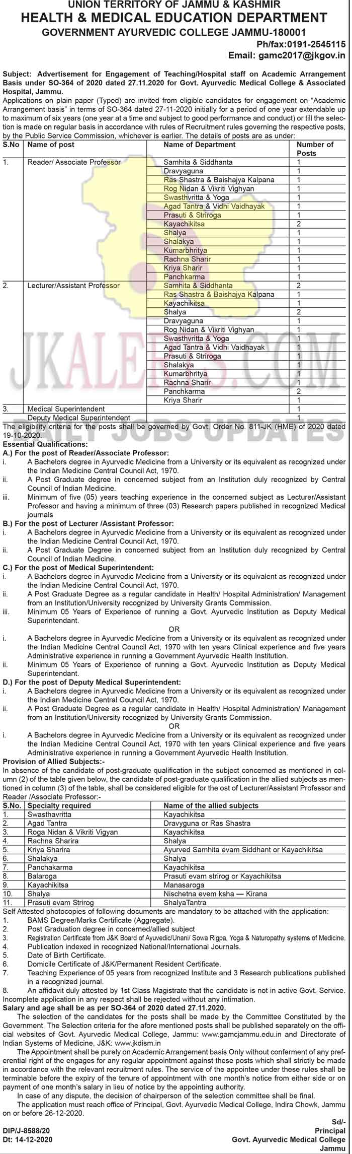 Govt. Ayurvedic Medical College Jammu Jobs Recruitment 2020. JKAlerts