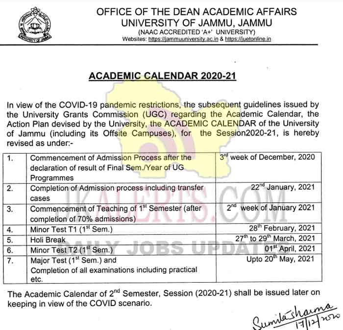 Jammu University Academic Calendar 202021. JKAlerts JK Updates.