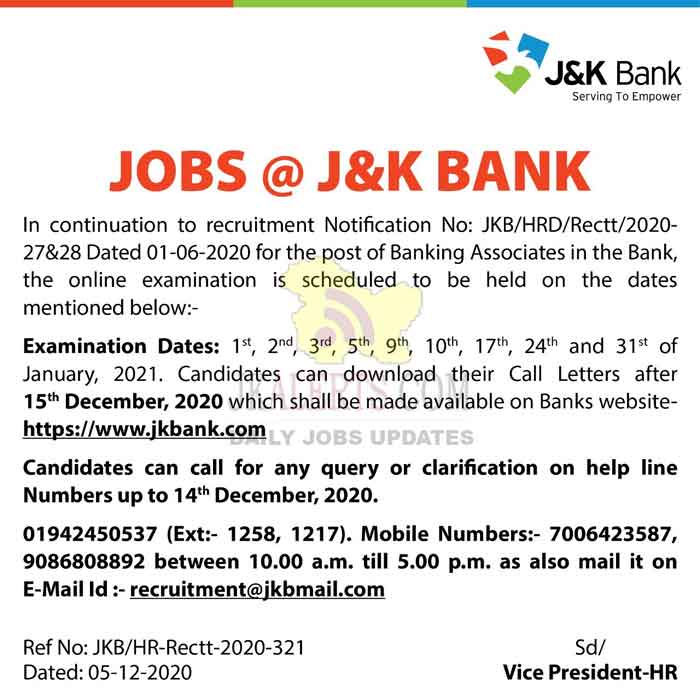 J K Bank Announces Banking Associates Examination Dates JKAlerts JK