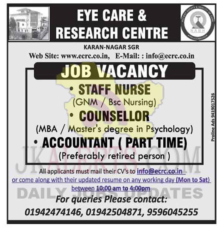Accountant, Counsellor, Staff Nurse jobs in Srinagar.