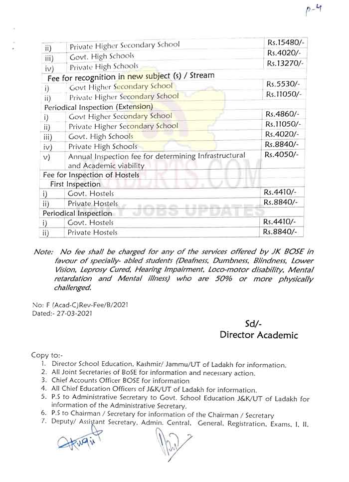 JKBOSE Revised fee structure for different services.