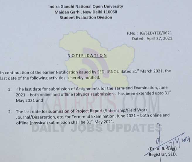 IGNOU Extension Last date for submission of Assignments.