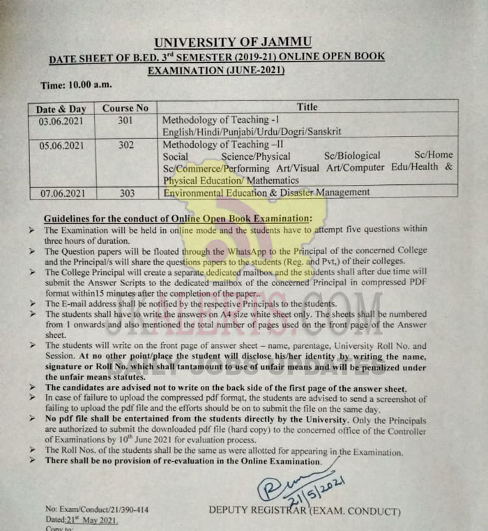 Jammu University B. Ed Date Sheet. | JKAlerts JK Updates.