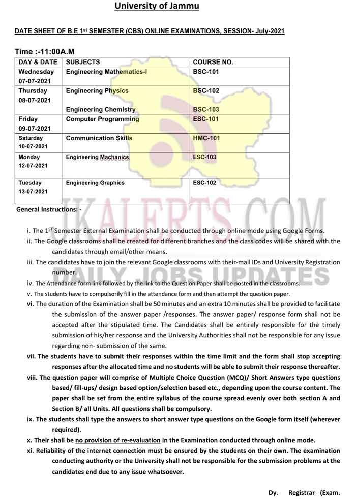 Jammu University DateSheet of B.E 1st Semester (CBS)